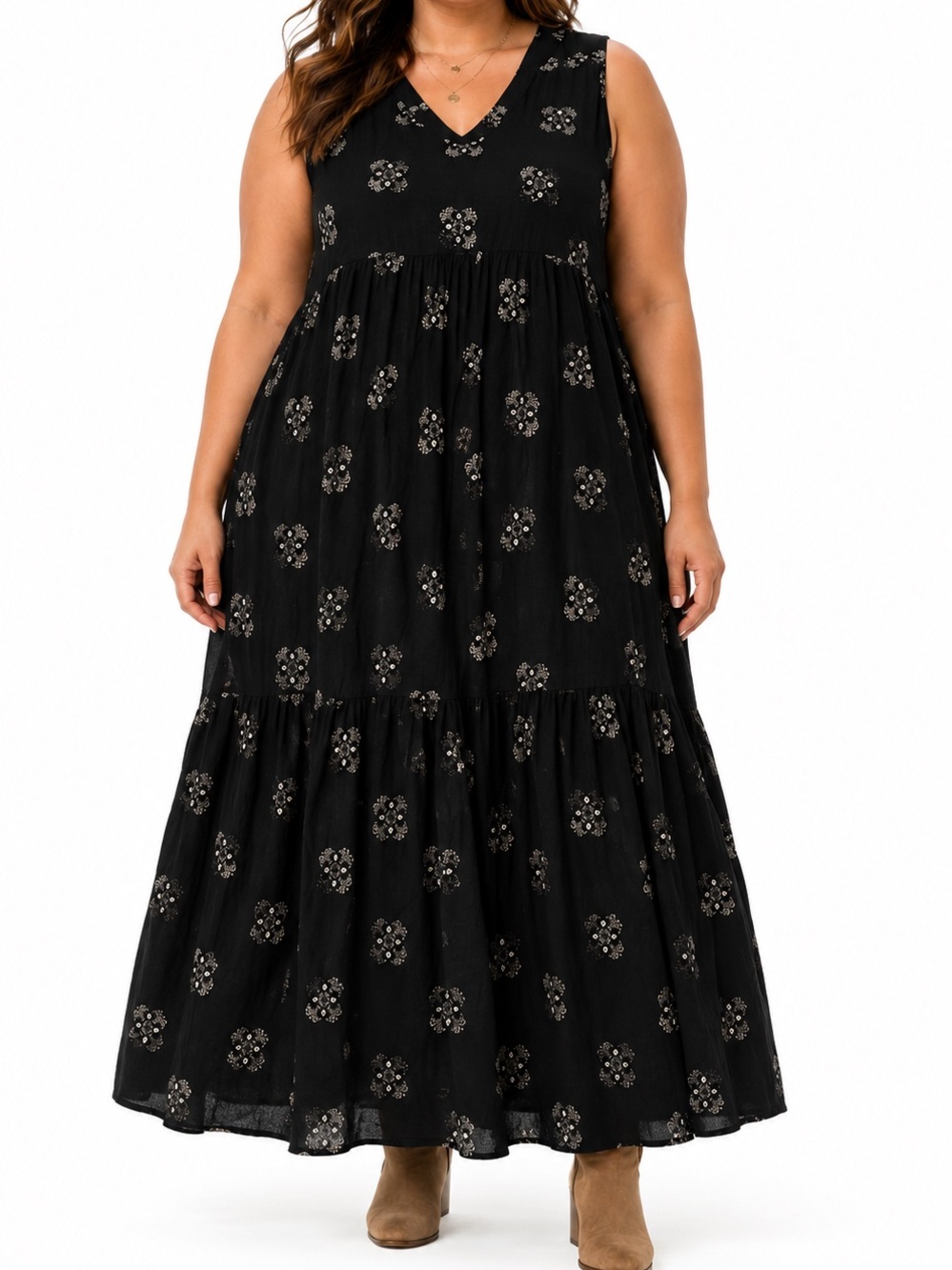 Women’s 100% Rayon Sleeveless Black Floral V-neck Tiered Maxi Dress 2X Plus EUC